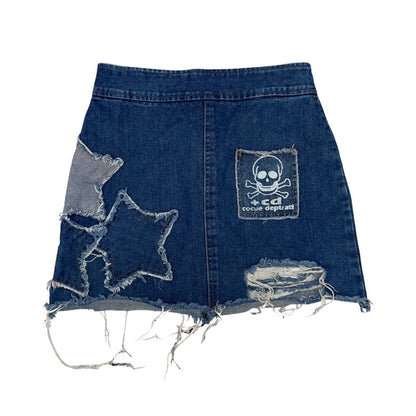 Japanese Brand GUWAWA Star Patched Distressed Denim Skirt