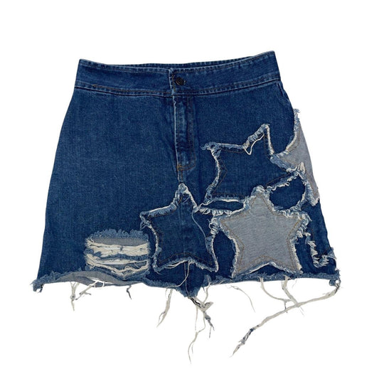 Japanese Brand GUWAWA Star Patched Distressed Denim Skirt