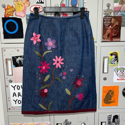 90s Sequinned Daisies Denim Skirt